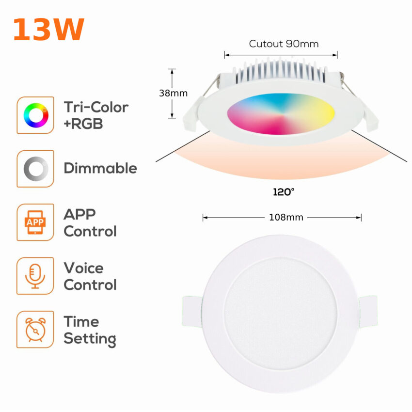 CROWN LIGHTING 13W Smart LED Downlight RGB+WW+CW Dimmable Light (10x) - Image 2