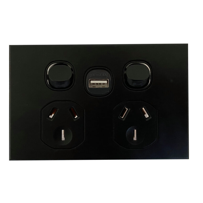 3A AU Double Powerpoint with USB A Socket - SAA – Slim– Black