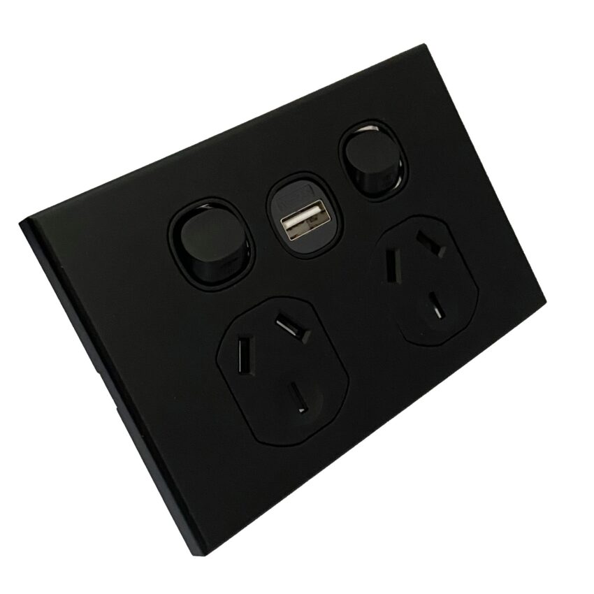 3A AU Double Powerpoint with USB A Socket - SAA – Slim– Black - Image 2