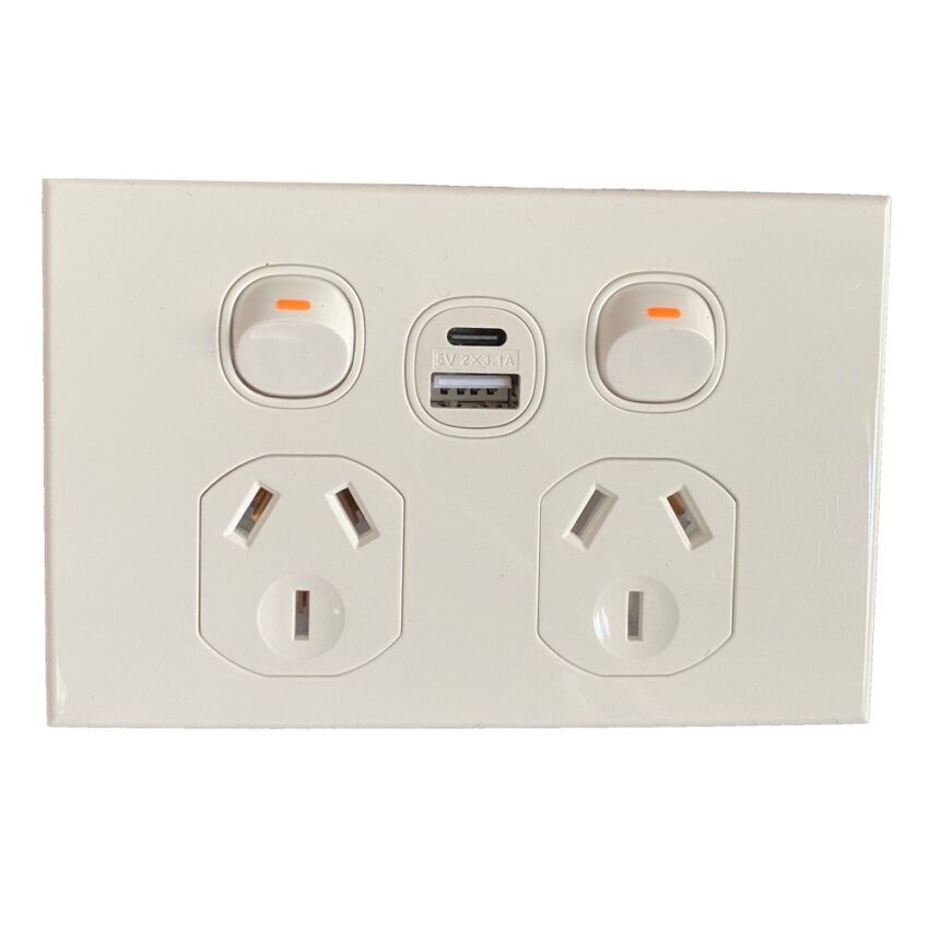 3A AU Double Powerpoint with USB A & C Charging Sockets - SAA – Slim– White