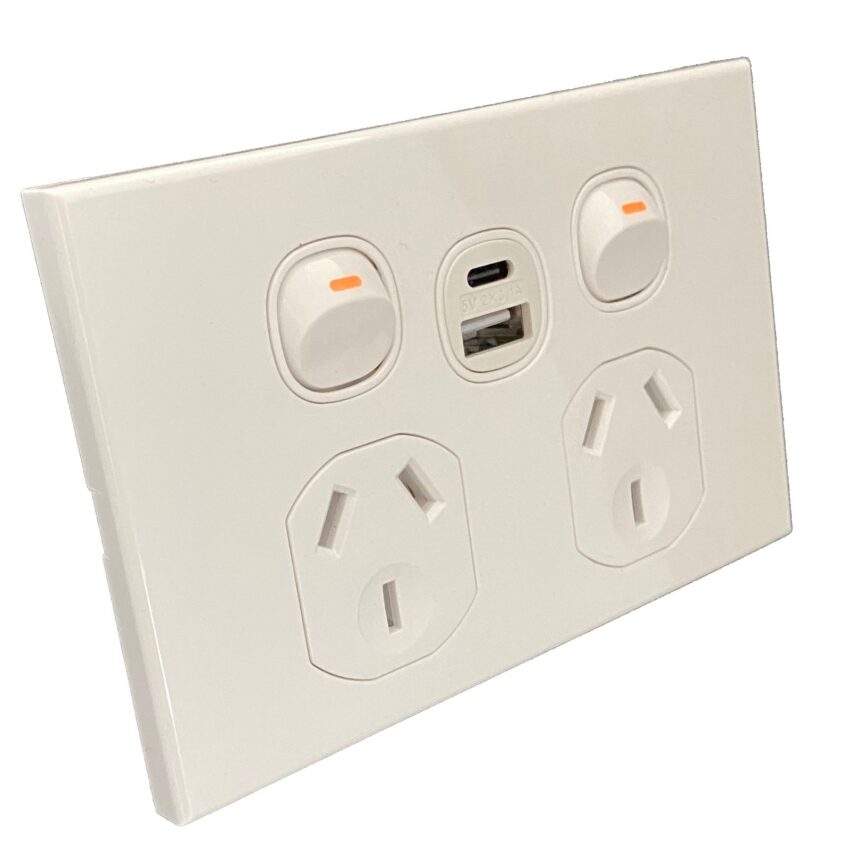 3A AU Double Powerpoint with USB A & C Charging Sockets - SAA – Slim– White - Image 2