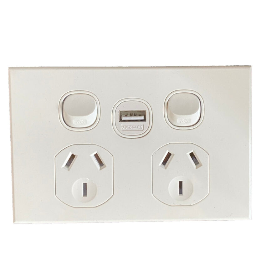 3A AU Double Powerpoint with USB A Charging Socket - SAA – Slim– White