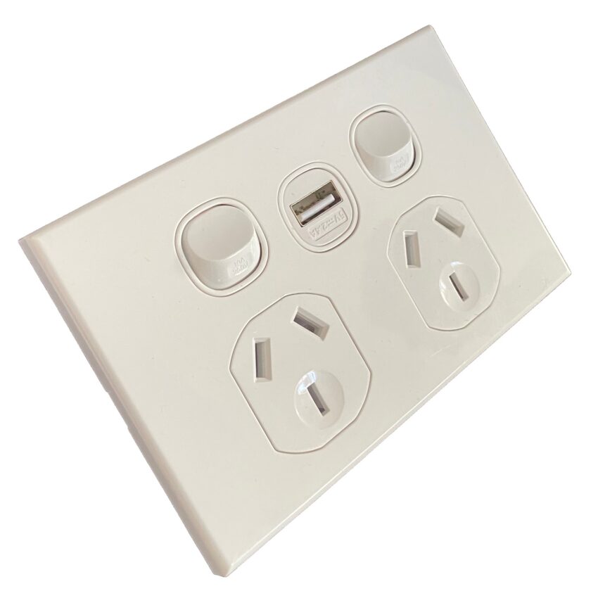 3A AU Double Powerpoint with USB A Charging Socket - SAA – Slim– White - Image 2