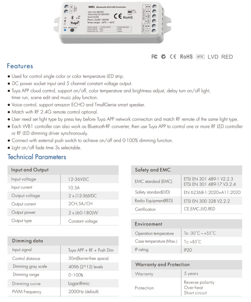 CROWN LIGHTING Bluetooth & RF 2.4GHz CCT 2CH LED Controller - TUYA APP Cloud Control / 2 Channels / Push-Dim / DC Power Socket Input / Wireless Remote Control - Image 3