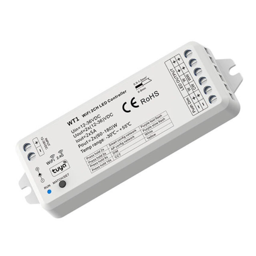 CROWN LIGHTING WIFI & RF 2.4GHz CCT 2CH LED Controller - TUYA APP Cloud Control / Voice Control / 2 Channels / Push-Dim / DC Power Socket Input