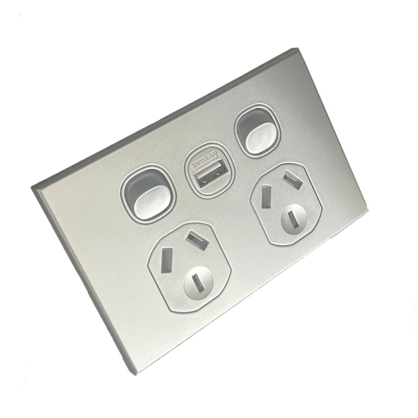 3A AU Double Powerpoint with USB A Socket - SAA – Slim– Silver - Image 2