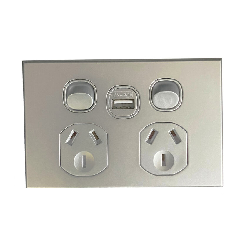 3A AU Double Powerpoint with USB A Socket - SAA – Slim– Silver - Image 3